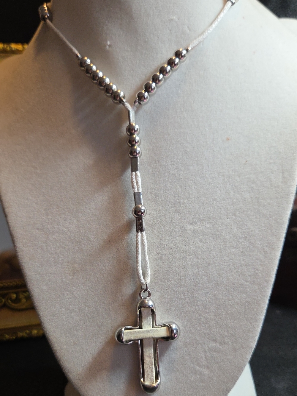G By Guess Silver Beaded Pendant Necklace with White Cord Silver Cross  Leather